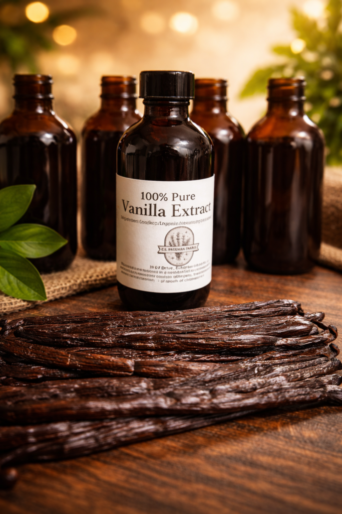 Warm and inviting fresh bottle of vanilla positioned behind fresh vanilla bans.