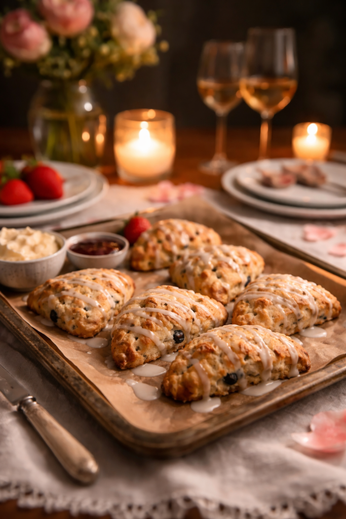 Intimate dinner setting with candles and a tray of warm inviting scones.